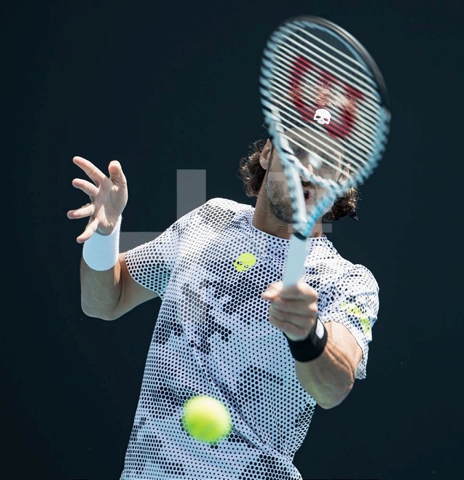 (200121) -- MELBOURNE, Jan. 21, 2020 (Xinhua) -- Feliciano Lopez of Spain hits a return to his compatriot Roberto Bautista Agut during their men’s singles first round match at the Australian Open tennis championship in Melbourne, Australia on Jan. 21, 2020. (Xinhua/Zhu Hongye) Xinhua News Agency / eyevine  Contact eyevine for more information about using this image: T: +44 (0) 20 8709 8709 E: info@eyevine.com http://www.eyevine.com . (SP)AUSTRALIA-MELBOURNE-TENNIS-AUSTRALIAN OPEN-DAY 2