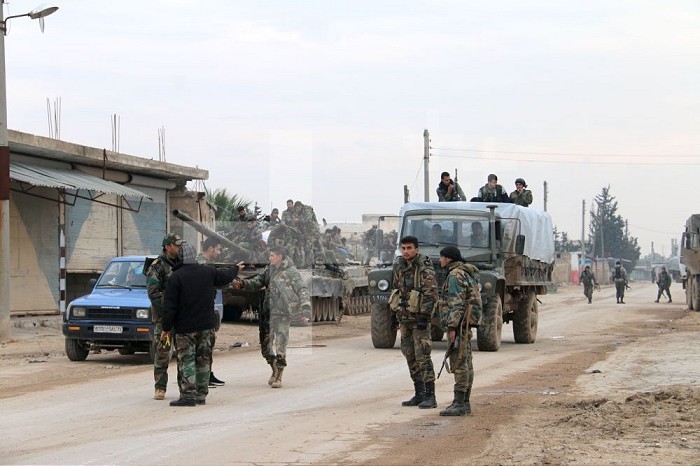 (200205) -- IDLIB, Feb. 5, 2020 (Xinhua) -- Syrian military personnel are seen in the town of Tal Toukan, the countryside of Idlib province in northwestern Syria on Feb. 5, 2020. The Syrian army succeeded to make progress in the countryside areas of both the provinces of Idlib and Aleppo in northern Syria, a war monitor reported Wednesday. (Str/Xinhua) Xinhua News Agency / eyevine  Contact eyevine for more information about using this image: T: +44 (0) 20 8709 8709 E: info@eyevine.com http://www.eyevine.com . SYRIA-IDLIB-ARMY-PROGRESS