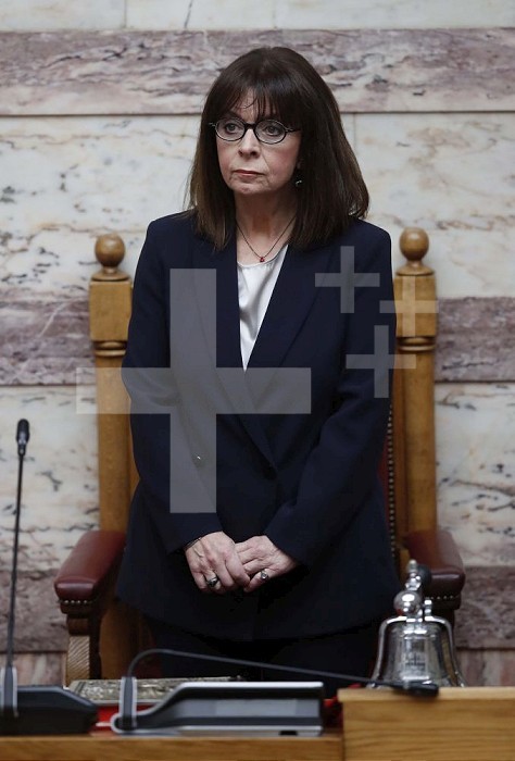 (200313) --ATHENS, March 13, 2020 (Xinhua) -- President of the Hellenic Republic Katerina Sakellaropoulou is seen during the sworn-in ceremony at the Greek Parliament in Athens, Greece, March 13, 2020. Katerina Sakellaropoulou was sworn in on Friday as Greek president at the parliament, Greece’s national broadcaster ERT reported.   The former top judge is the first female head of state in the history of modern Greece. (Thanassis Stavrakis/Pool via Xinhua) Xinhua News Agency / eyevine  Contact eyevine for more information about using this image: T: +44 (0) 20 8709 8709 E: info@eyevine.com http://www.eyevine.com . GREECE-ATHENS-NEW PRESIDENT-SWORN IN