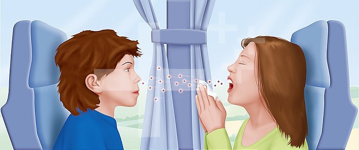 Contamination of a viral disease by sneezing. In this illustration, we see two children facing each other on a train. The girl is sick. Sneezing, she transmits her viruses to the boys in front of her and infects him. We see on the drawing the viral particles represented in red projected on the face of the child sitting opposite.