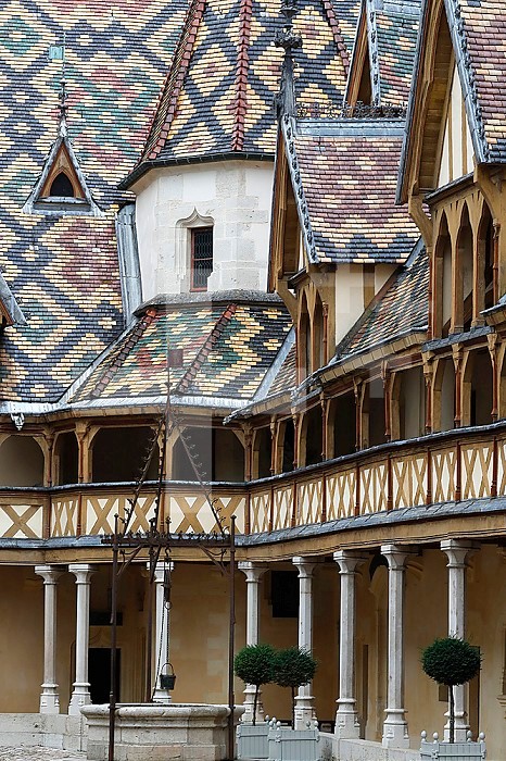 Architecture of the historic Hospices of Beaune, Hotel-Dieu. France.