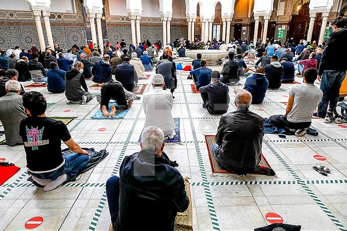 First friday prayer at the Paris Great Mosque after COVID-19 lockdown. Paris, France.