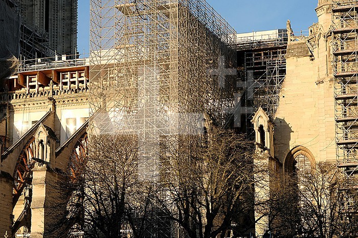 Restoration of Notre-Dame de Paris Cathedral after the fire on April 15 and 16, 2019.