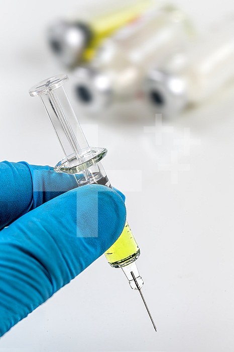 Gloved hands holding a syringe while loading a dose. Concepts of medical treatment, epidemic or vaccine