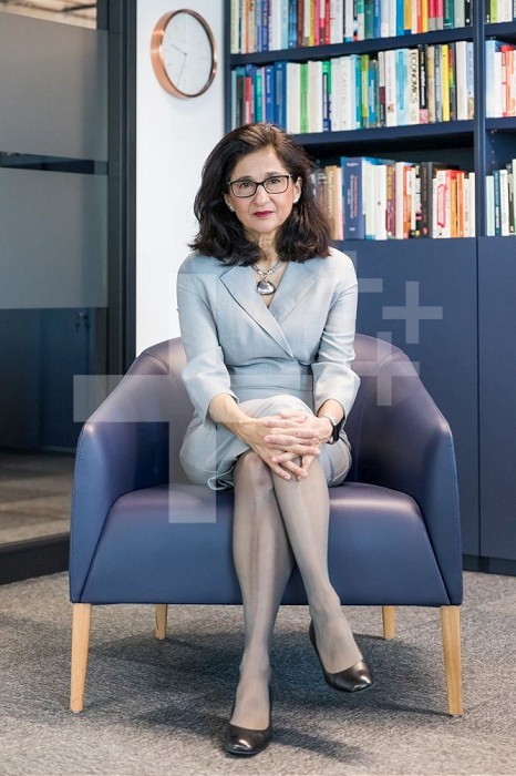 London, England, UK, 8 February 2022 - Portrait of Minouche SHAFIK, director of the London School of Economics and Political Science (LSE), in her office at LSE’s campus in the Holborn area.. Portrait of Minouche Shafik, director of LSE