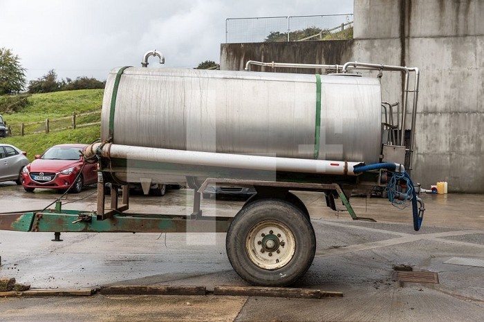 Evercreech, Engfand, UK, 19 October 2023 - Milk tanker parked at Westcombe Dairy farm.. British cheese