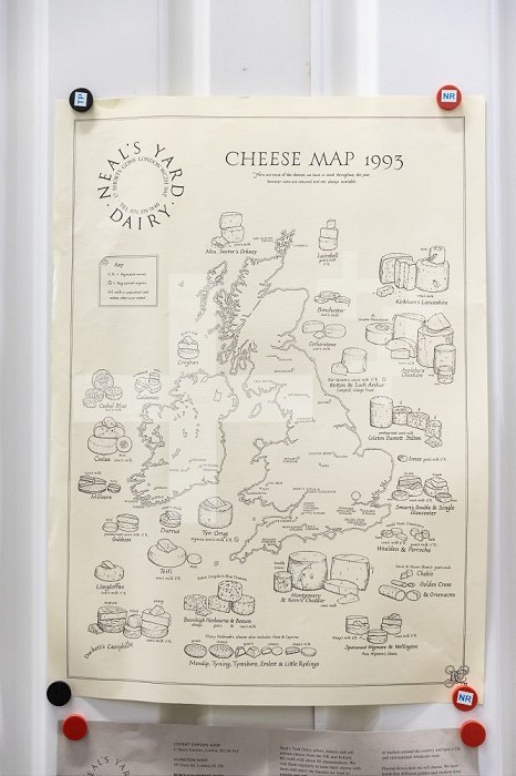London, England, Uk, 20 October 2023 -1993 cheese map on display at Neal’s Yard Dairy in Bemondsey. Neal’s Yard Dairy is a London-founded artisanal cheese retailer and worldwide wholesaler.. British cheese