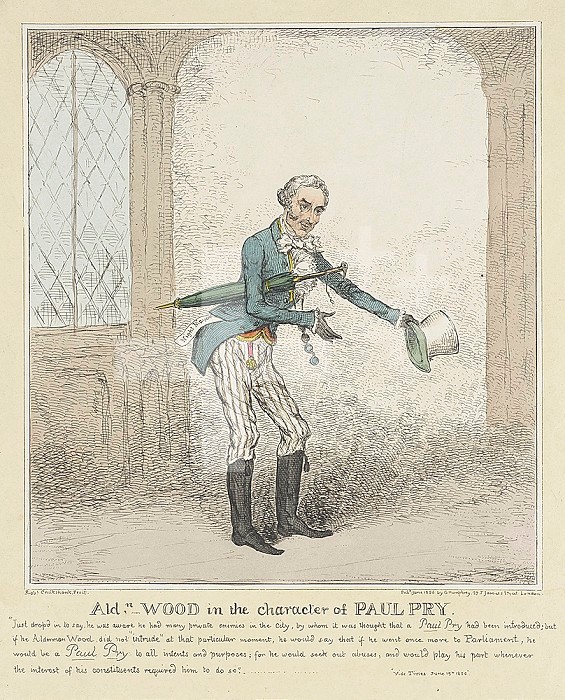 Ald Wood in the Character of Paul Pry, 1826. Creator: Isaac Robert Cruikshank.