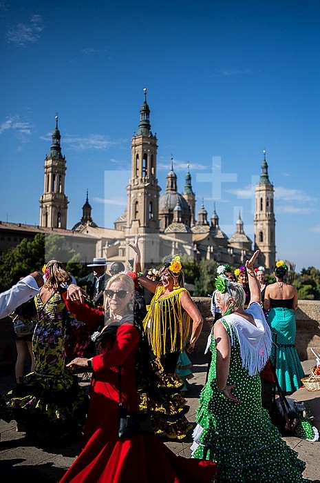 Group from Andalucia dancing sevillanas during The Offering of Fruits on the morning of 13 October during the Fiestas del Pilar, Zaragoza, Aragon, Spain