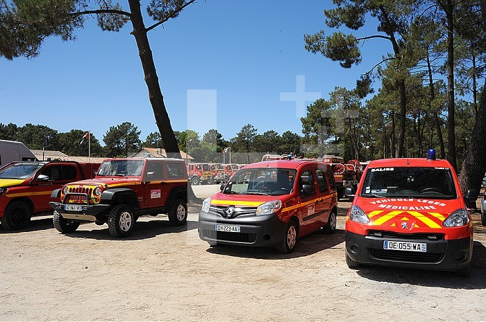 Gironde firefighters command center in charge of extinguishing and monitoring the fires of July 2022 at Teste de Buch. Fire truck and team.