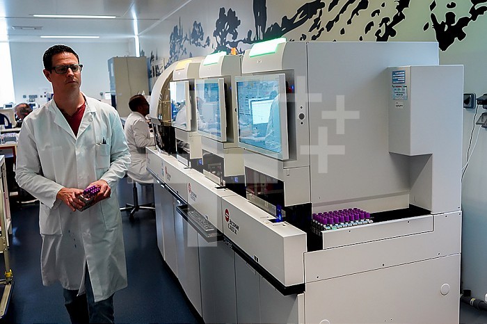 Technical platform of the Inovie 34 laboratory . Laboratory technician working on the Beckman Coulter DXH 900 hematology analyzer.