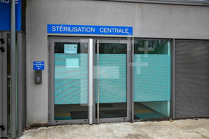 Exterior entrance to a hospital. Sterilization.