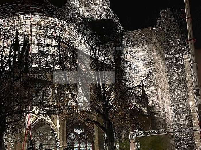 Scaffolding for the restoration of Notre-Dame de Paris Cathedral in France after the fire of April 15, 2019.