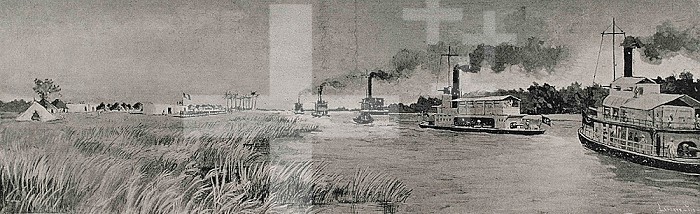 Fashoda Incident (1898), now Kodok (South Sudan). Conflict of interests between France and Great Britain. Both countries planned to build lines of communication so that their colonial possessions would be uninterruptedly linked. Both powers sent military expeditions to defend their interests, which coincided at Fashoda. The French expedition, outnumbered, were forced to retreat, allowing British control of the Sudan region. Arrival of the Anglo-Egyptian contingent at Fashoda, led by field marshal Kitchener, on 21 September 1898. The fleet consisted of five steamers, two of which were gunboats, three Sudanese battalions, one hundred Scottish troops and Maxim artillery system. Photoengraving by Laporta. La Ilustracion Espanola y Americana, 1898. (Photo by: Prisma/Universal Images Group via Getty Images). Fashoda Incident.