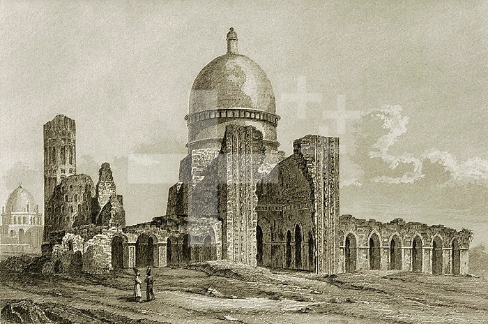 Persia. Soltaniyeh, Zanjan Province. The capital of the Ilkhanate rulers of Persia during the 14th century. Exterior of the Mosque. At the end of the 16th century the city was practically abandoned and its monuments in ruins. Engraving. Panorama Universal. History of Persia, 1851.. Exterior of the Mosque of Soltaniyeh Mosque.