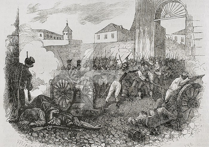 Spain, Madrid. Defence of Monteleon artillery park during the Dos de Mayo Uprising, 1808. Illustration by Miranda. Engraving by Rico. Historia General de Espana by Father Mariana. Madrid, 1853. (Photo by: Prisma/Universal Images Group via Getty Images). Defence of Monteleon artillery park during the Dos de Mayo Uprising.