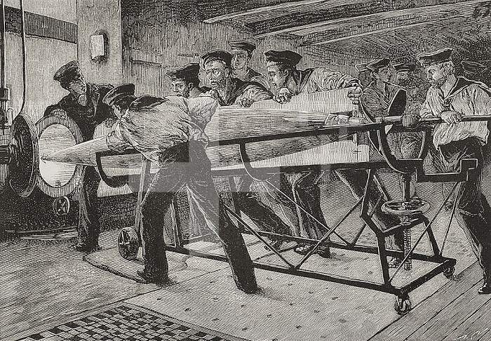 The Whitehead Torpedo. It was designed in the mid 1860’s by Robert Whitehead. On board the British warship ’Thunderer’, liutenant Wilson, director of torpedo construction in England, examined the new torpedo-fish constructed from thin sheets of hardened steel. Engraving depicting torpedo practice on board H.M.S Thunderer, preparing to launch a Whitehead Fish Torpedo, in Portland. La Ilustracion Espanola y Americana, 1878.. The Whitehead Torpedo.