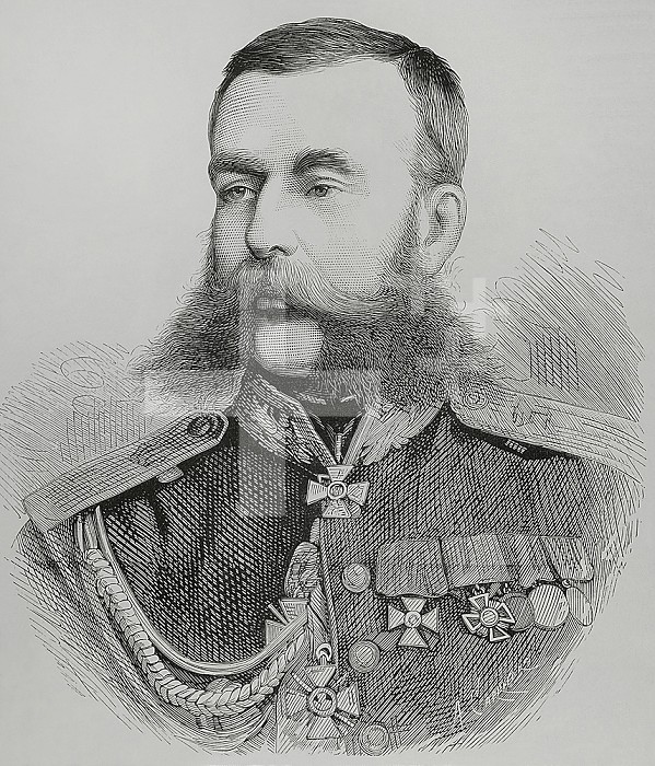 Mikhail Skobelev (1843-1882). Russian general famous for his conquest of Central Asia and heroism during the Russo-Turkish War of 1877-1878. Portrait. Engraving by Arturo Carretero. La Ilustración Española y Americana, 1882.. Mikhail Skobelev (1843-1882). Russian general. Portrait. Engraving by Carretero, 1882.