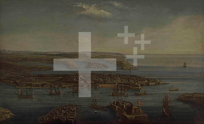 Attributed to Giuseppe Caloriti (1681-ca.1740). Italian painter. View of Valletta, the Grand and Marsamxett Harbours, ca.1733. Depiction of the extensive panoramic view of Valletta and its two harbours. At the foreplane are the three cities with Senglea, Fort Saint Angelo and Fort Ricasoli. In the middle distance are Valletta and Floriana, and at the furthest distance, Marsamexetto Harbour, Manoel island with Fort Manoel and Sliema. National Museum of Fine Arts. Valletta. Malta.. View of Valletta, the Grand and Marsamxett Harbours, ca.1733, attributed to Giuseppe Caloriti (1681-ca.1740)