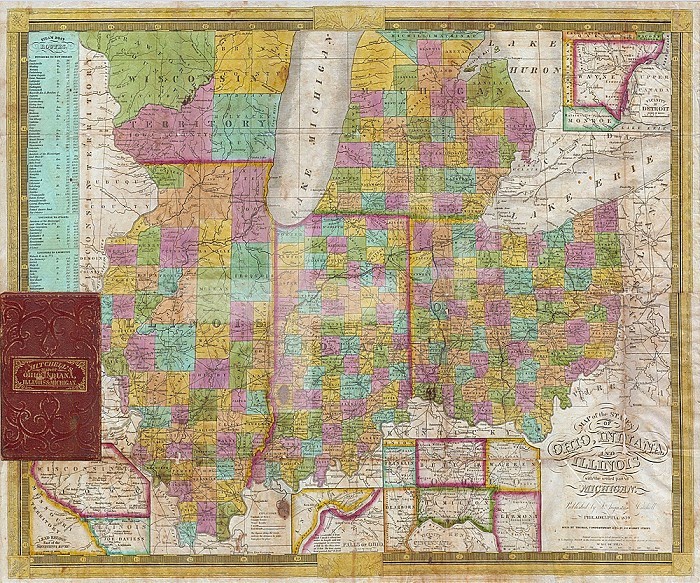 1838, Mitchell Pocket Map of Ohio, Indiana, Illinois and Michigan