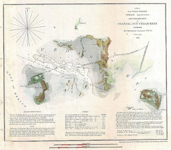 1852, U.S. Coast Survey Map of Cedar Key, Florida