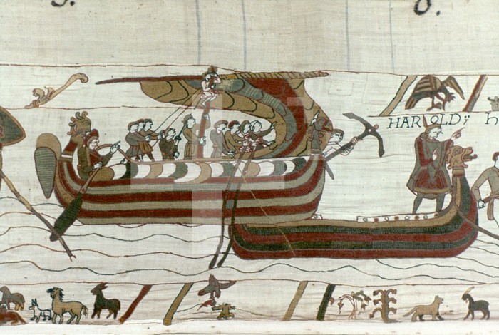 BAYEUX TAPESTRY. Harold and his men landing on the coast of France. Detail from the Bayeux Tapestry.
