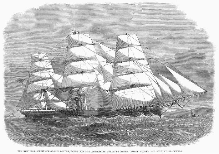 SCREW STEAMSHIP, 1864. /nThe new screw steamship ’London,’ built for Australian trade. Wood engraving, English, 1864.
