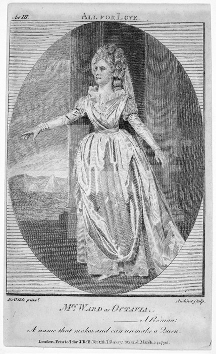 MRS. WARD (1777-1794). /nEnglish actress. As Octavia in a London, England, production of John Dryden’s ’All For Love’. Copper engraving, English, 1792.