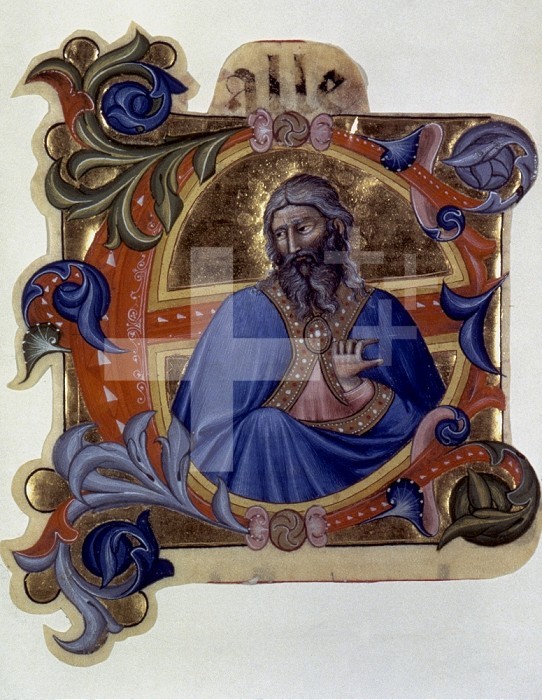 SAINT OR PROPHET.  A saint or a prophet pictured in an initial E. Illumination from an Italian Latin Gradual, late 14th century.