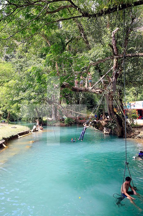 Tham Phu Kham Cave and Blue Lagoon. Vang Vieng. Swim in clear waters.